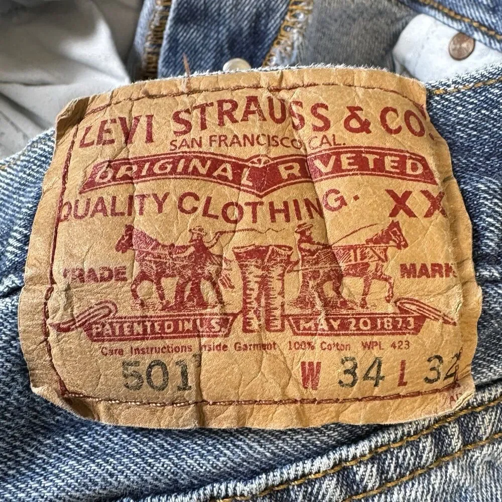Levis 501 Button Fly Jeans Mens 34x32 Blue Denim Pants Faded Work Chore Office